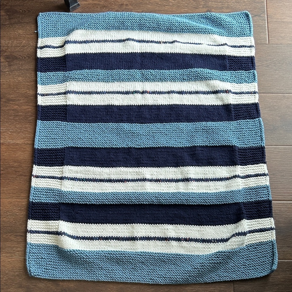 NEW Handmade Knit Baby Blanket | Blue Stripe Knit Blanket | Knit Baby Blanket